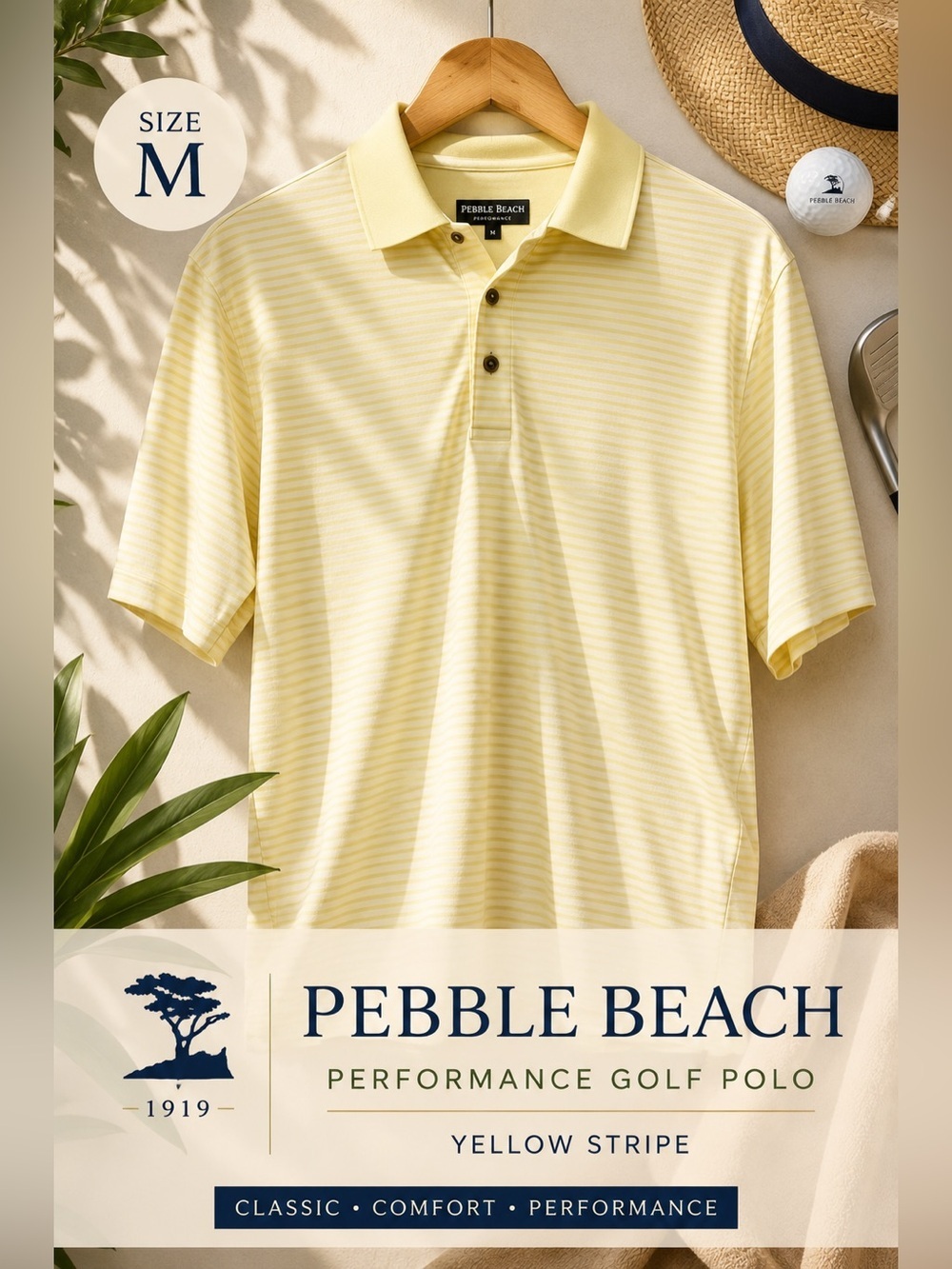 Pebble Beach Performance Golf Polo Yellow Stripe Size Medium